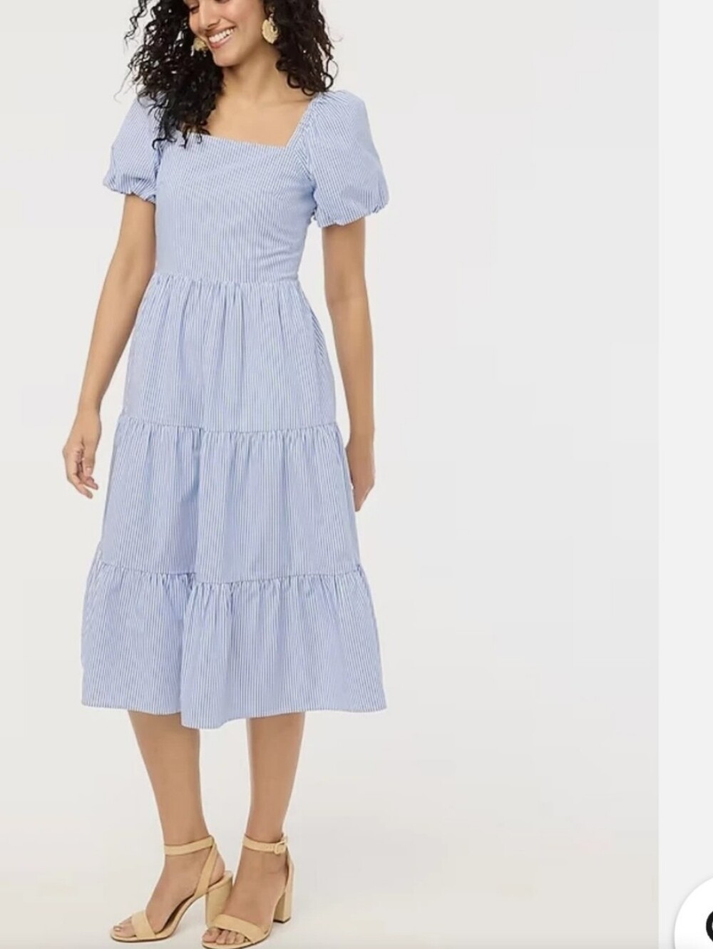 J. Crew Light Blue Striped Puff-Sleeve Tiered Midi Dress